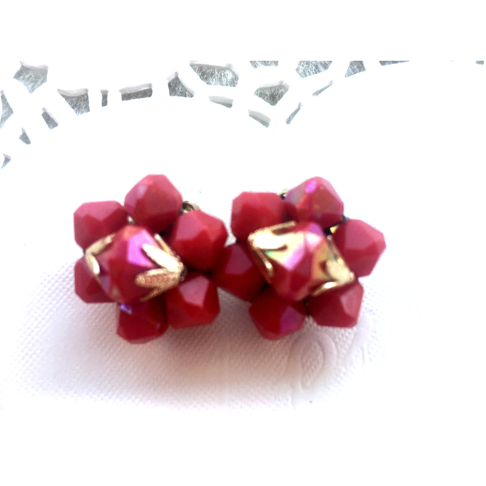 Red and Gold Beads Cluster Clip-on Earrings